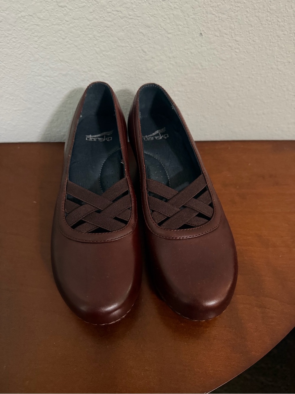 Dansko Women's Dark Brown Slip-On Flats with Decorative Elastic Cross Straps
